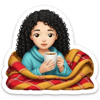 girl with black curly hair inside a blanket sipping coffee eyes closed sticker