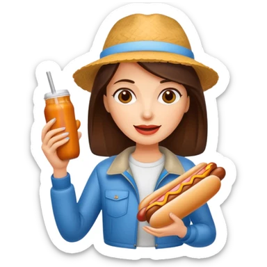 tourist brunette woman holding hot dog sticker