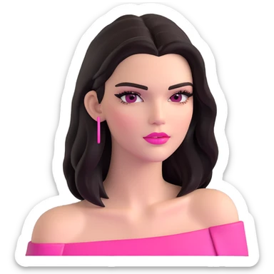 Kendall Jenner supermodel, longer face, long dark hair, bright pink glossy lipgloss, rosy pink blush, sharp winged eyeliner, bare shoulders sticker