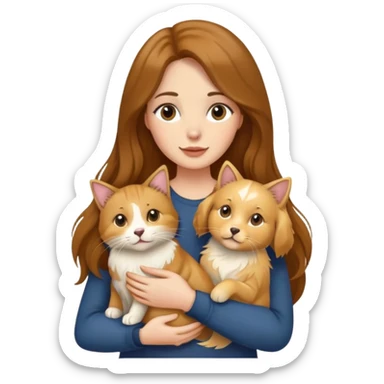 Woman with long brown hair holding a golden retriever dog and three cats sticker