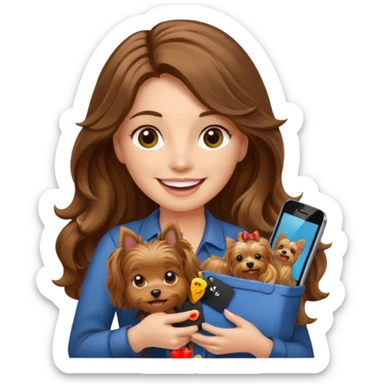 woman with long brown wavy hair holding a Yorkshire Terrier, with an iPhone and a sale tag, emoji style sticker