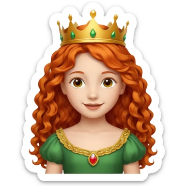 girl kid, Princess with long curly red orange hair, green dress, small crown sticker