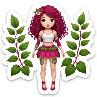 full body woman long curly brown hair brown eyes white skin tattoos muscular build raspberry fairy outfit, petal skirt, thigh vines sticker