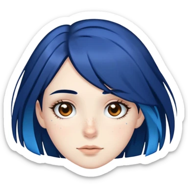 Pale girl with brown eyes, freckles, black hair, with two strips of blue hair sticker
