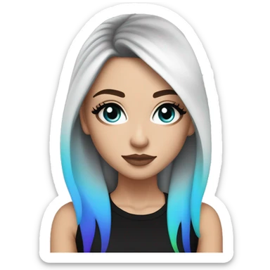 white girl blue eyes and long black hair with rainbow fringe. Wearing black crop top and has dark eye makeup on her eyes sticker