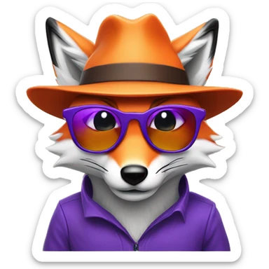 purple ad orange fox with wry smile, sunglases hat sticker