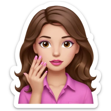 girl with long wavy brown hair, brown eyes, light to medium complexion, in a pink shirt, pink lips, long lashes, puckered lips, showing off a pink manicure sticker