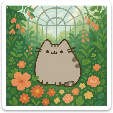 pusheen cat surrounded by flowers in a botanical garden greenhouse sticker