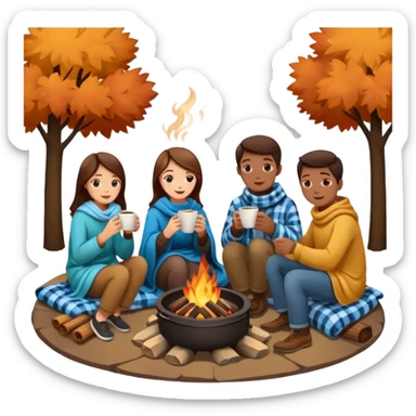 People drinking coffee around a fire pit with blankets  sticker