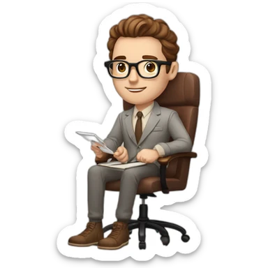 Pale skinned Fit Man With dark brown hair in gray jacket, beige office shirt, Terracotta pants and vintage glasses sitting In a soft chair with a notebook with emblem Ψ and a pen in his hands sticker