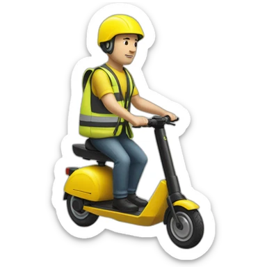 a bald white man with a yellow safety vest with a yellow bicycle helmet on a black  xiaomi e-scooter sticker