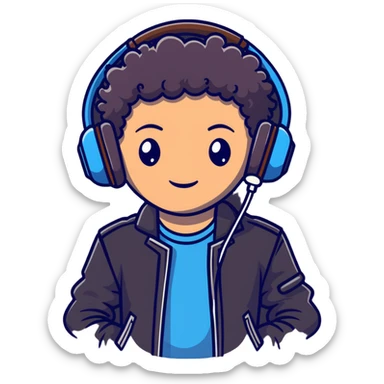 curly haired boy wearing a leather jacket and headphones music producer sticker
