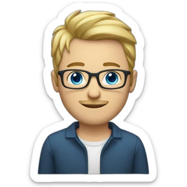man with short blond hair, short beard and glasses, blue eyes and showing heart by his hands sticker
