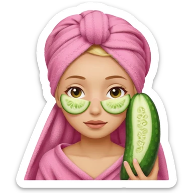 Girl with pink towel in hair cucumber slices covering eyes sticker