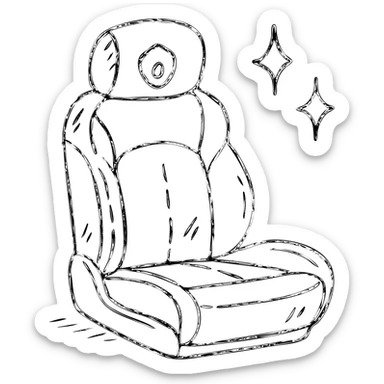 hand-drawn outlined icon of a luxury car seat in matte black with a small droplet or shield on the headrest, elegant stitching, minimalist lines, extra shine and sparkles, clean and modern sticker