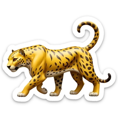 cinematic-jaguar-realistic-full-body-standing-emoji,-muscular-and-stealthy-frame-ready-to-pounce,-long-tail-curving-slightly,-head-tilted-dramatically,-sleek-yellow-fur-with-dark-rosettes,-piercing-yellow-eyes,-simplified-yet-realistic sticker