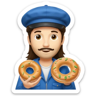 tourist brunette long hair man with cap holding bagel sticker