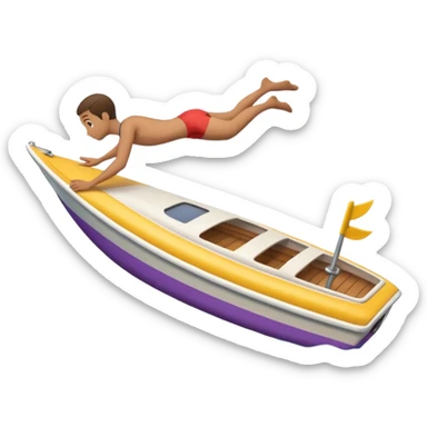 Emoji-style side view of boat with person diving off, rounded cute features, soft shading, colorful, PNG cutout sticker