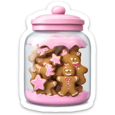 Realistic glass cookie jar with light pink lid full of gingerbread cookies isolated.  sticker
