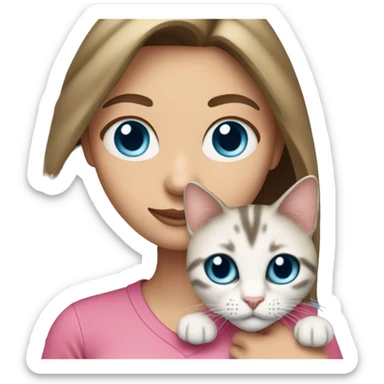 White woman with blue eyes and long dark hair wearing a pink shirt and holding a tabby cat sticker