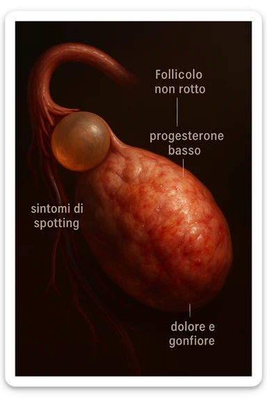 realistic and cinematic illustration of an ovary with an unruptured follicle, low progesterone, hormonal fluctuations, symptoms of spotting, pain and swelling, clinical details, captions in Italian sticker