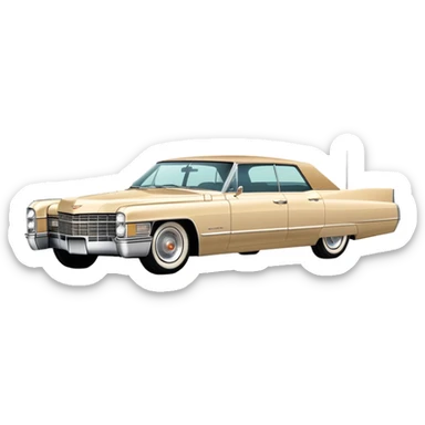 Streamlined beige 1966 Cadillac DeVille, minimal design language, 30-degree view showing simplified front and side, Once Upon a Hollywood reference, iOS emoji style sticker