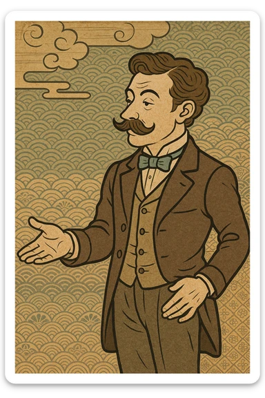 Victorian man with a mustache, holding out his hand, ukiyo-e style sticker