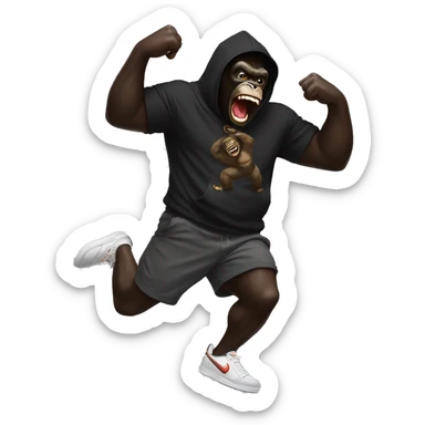 king kong dancing with a "GEEDUP" HOODIE, black shorts and nike tn shoes and a bumbag around his shoulder sticker