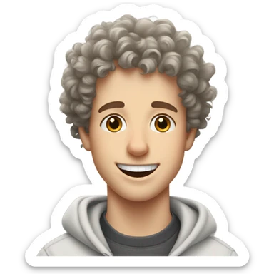 A happy curly-haired white boy in a sweatshirt holds a border collie sticker