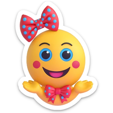 3D smiley emoji, large eyelashes, red polka dot bow, winking, waving, happy, blue eyes, cute style sticker