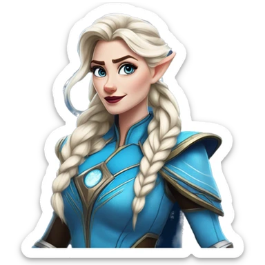 Warcraft geeky nerd Elsa in Marvel Avengers style, oil paint, mysterious eyes, intricate lips, masterpiece pose, odd perspective, beautiful, desirable, logical sticker
