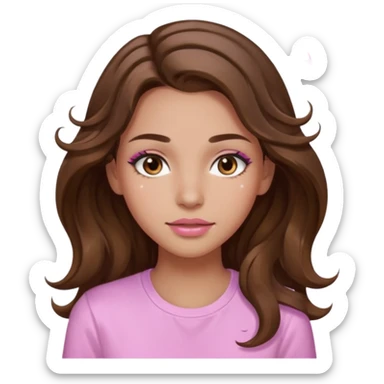 girl with wavy long brown hair, brown eyes, light to medium complexion, long lashes, light pink lipstick, wearing light pink shirt, sweat drops on the forehead sticker