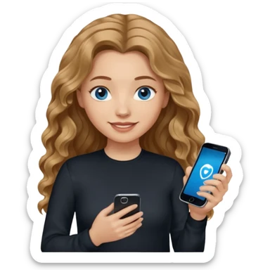 generate a pretty woman with blue eyes, light skin and medium brown long and really wavy shiny hair holding a phone she is looking at the phone while looking down at the screen. she is wearing an ALL black long sleeve. she is smiling sticker