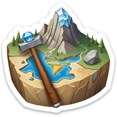 An icon featuring a rock hammer, a fossil, and a geological map, symbolizing geology. The design includes layers of the Earth, a crystal, and a mountain range, representing the study of Earth's structure, materials, and natural processes. Transparent background highlights geological research sticker