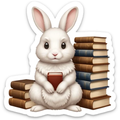 White rabbit sitting horizontally in a natural position on 4 legs, without a book.  There are 3 books nearby. books lie on top of each other other in brown tones

 sticker
