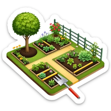 Icon for Landscape Design: a garden layout with plants, trees, paths, and design tools like a spade, pencil and measuring tape. The icon should represent creativity in outdoor space planning and gardening. Transparent background. sticker