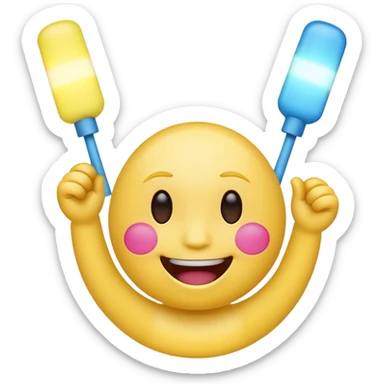 An excited yellow emoji face with closed smiling eyes and blushing cheeks, cheering enthusiastically while holding up two glow sticks (one blue, one pink). It represents high energy, fandom, and celebration. sticker