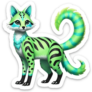 Rare realistic iridescent neon lime-green & cyan white black lush tropical exotic edgy epic pretty beautiful handsome gorgeous aesthetic colorful vibrant Vernid-Protogen-Primagen-Genet-Trico-species-Fakemon-hybrid-creature by LiLaiRa, beautiful intricate markings, full body sticker