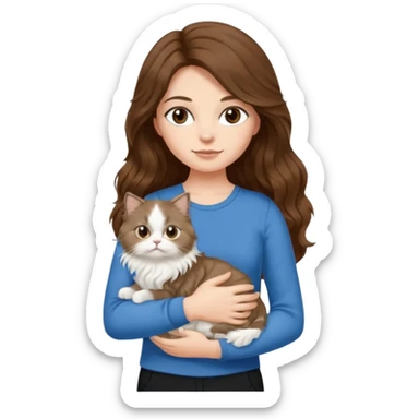 a girl with long wavy ish brown hair with a blue top and black pants holding a white persian cat  sticker
