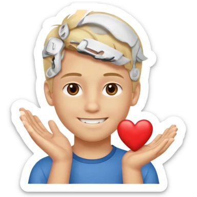 Un garçon blond aux yeux marrons de 13 ans qui tient avec ses mains un L avec des cœurs autour de son visage sticker