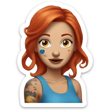 Woman with red hair, nose piercing, blue eyes and arm tattoos holding fried eggs sticker