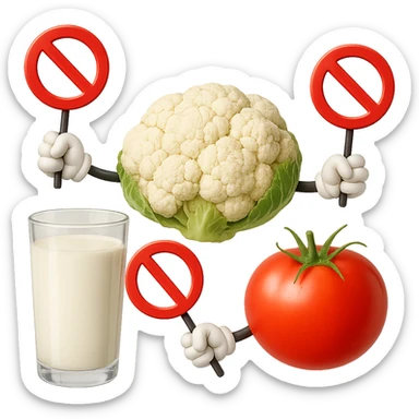 emoji stile iphone di un BICCHIERE DI LATTE CAVOLFIORE E POMODORO CHE FLUTTUANO IN ARIA CON DIVIETI IN MANO, iperrealistico 4k, isolato su sfondo bianco sticker