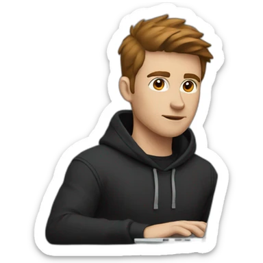a focused white man, wearing a black hoodie, with brown hair, behind a laptop screen sticker
