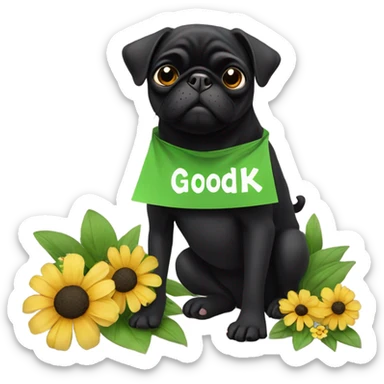 Black pug , surrounded by flowers, holding a green sign that says “good luck”  sticker