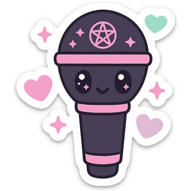kawaii style magical gothic microphone, cute face, black and pink design, sparkling stars, surrounded by pastel hearts, glamorous and musical sticker