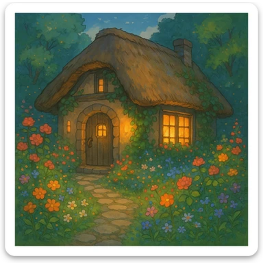 a small cottage with a thatched roof surrounded by flowers, warm lighting, magical feel, ghibli style sticker