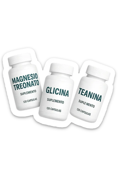 3 boccette di integratori: Magnesio Treonato, glicina, teanina, fluttuano in aria sticker