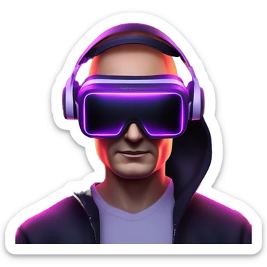 Vladimir Putin wearing a black hoodie with "OMG" letters on it and VR headset oculus quest 2 in a cyberpunk VR environment with violet neon lighting. sticker
