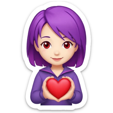 A chibi cartoon with purple hair red eyes holding a heart sticker