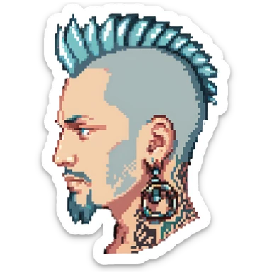 head of a white man with a goatee, mohawk, earring, and head tattoo sticker